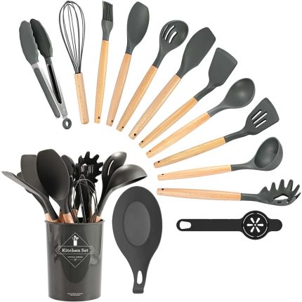 Conjunto de Utensílios de Cozinha 14 Peças com Cabeças em Silicone Resistente ao Calor + Suporte