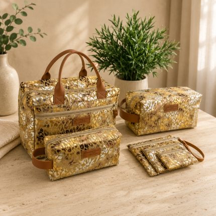 Conjunto Savannah Bege com bolsas estojos e nécessaire