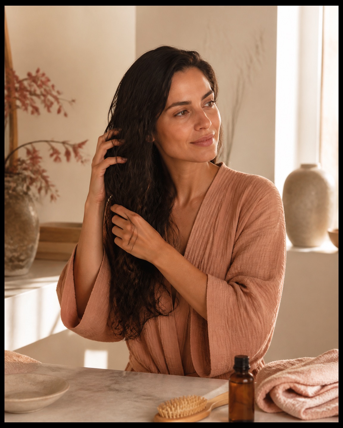 Mulher a cuidar do cabelo num ritual de autocuidado