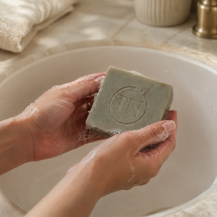Mãos com espuma a segurar o sabonete de argila cinzenta Tradição Natural junto ao lavatório