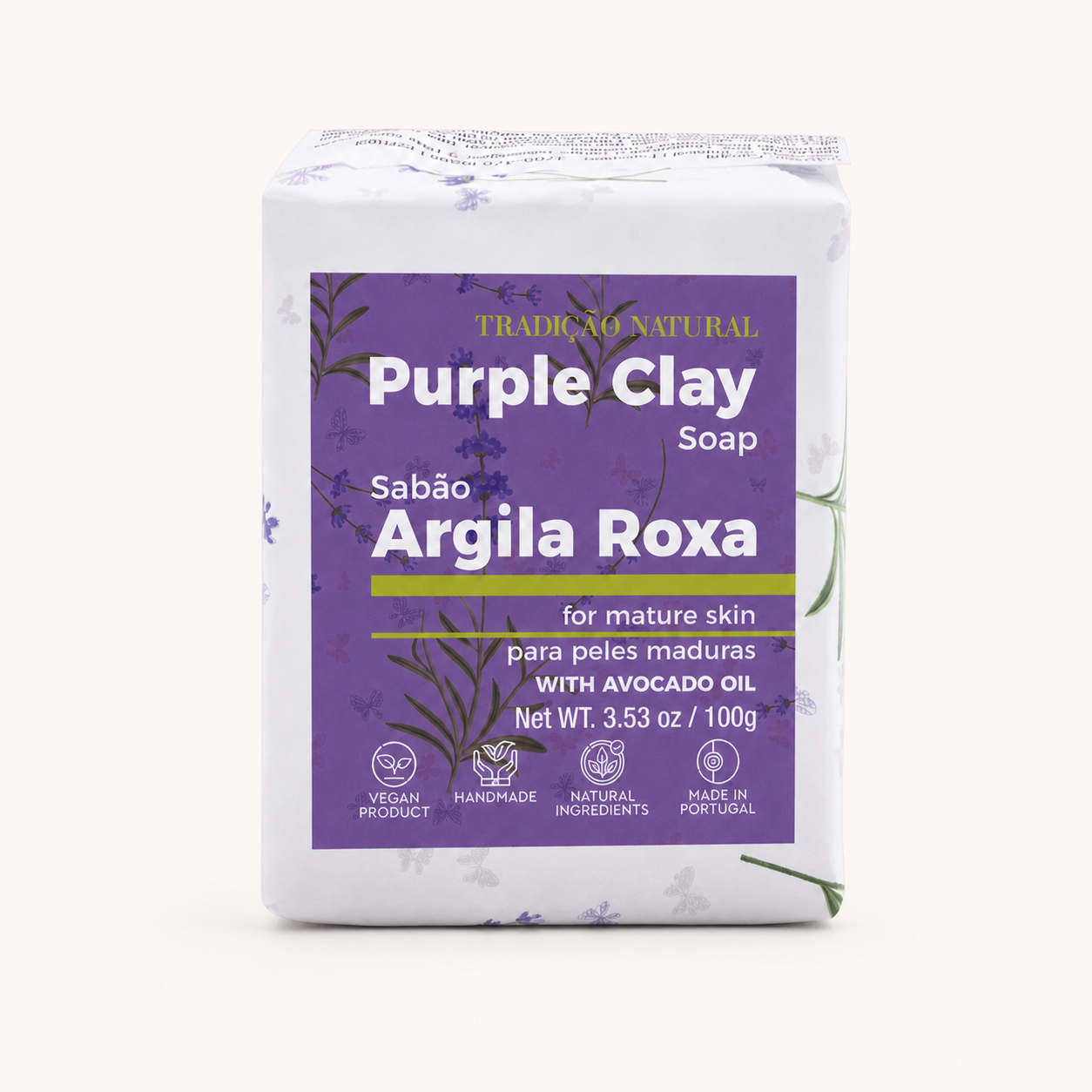 SABONETE-ARGILA-ROXA_LFD-0138_MASTER_APROVADA-V2 Sabonete de argila roxa Tradição Natural de 100 g, na embalagem Purple Clay sobre fundo claro